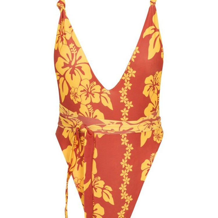 Dame Énhed Badeanstalt med dyb V-hals og floral design Skovae