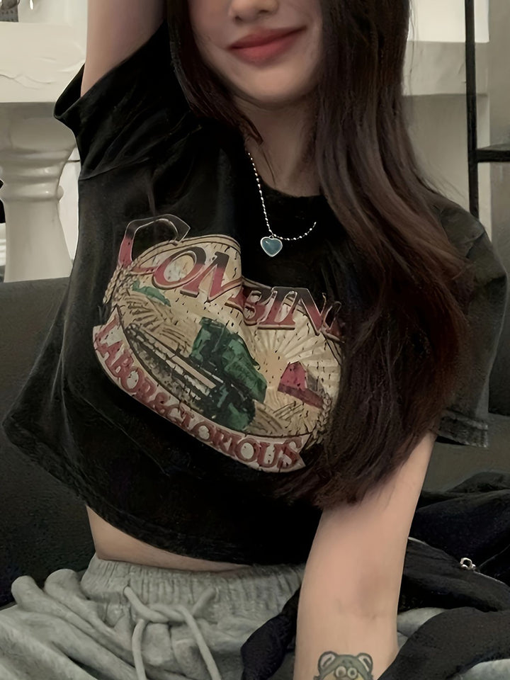 Dame Crop-T-Shirt med kreativt øjenmotiv og tourtryk Skovae