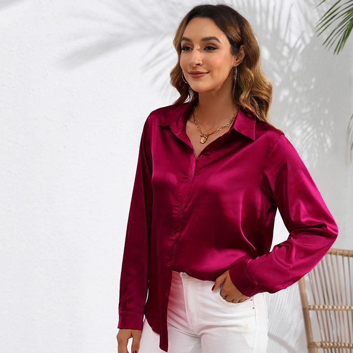 Dame Elegant Silke Bluse med knapbar Front og Sløjfe Stilla