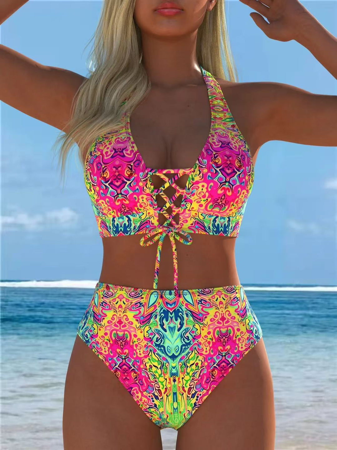 Dame Højskåret Bikini med elegant snøre detaljer Skovae