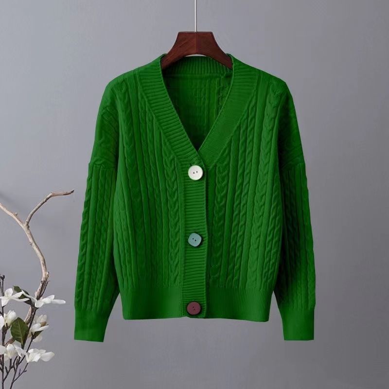 Kvinders chunky strik cardigan med V-hals og dekorative knapper Stilla
