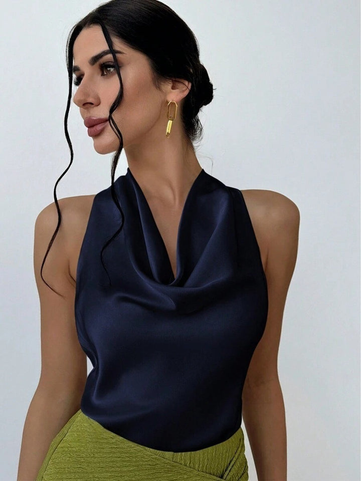 Dame Elegant satin top med smart vandfald udskæring Skovae