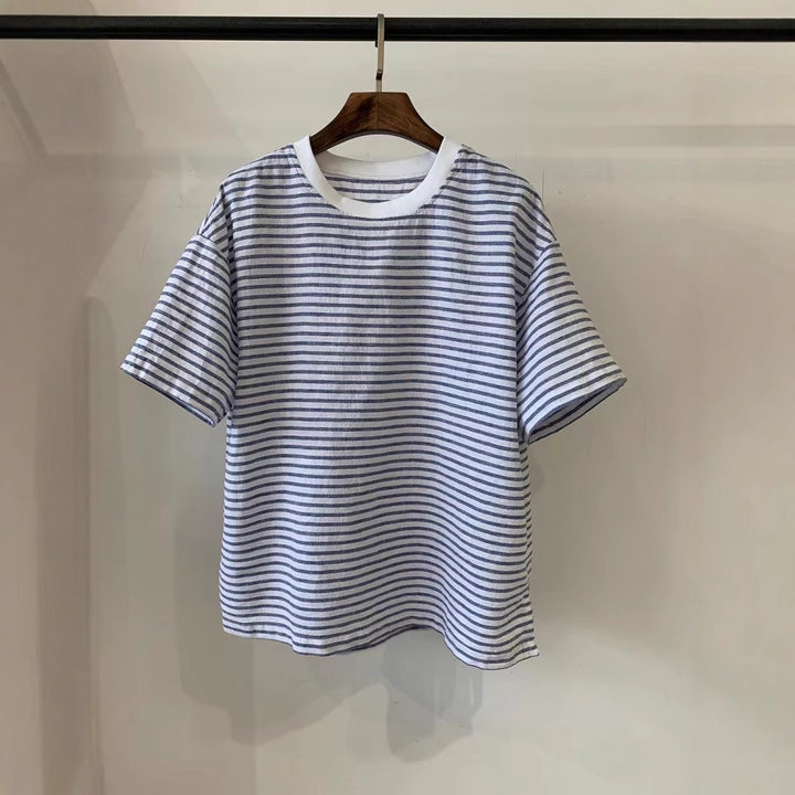 Dame Stribet Bomulds-T-Shirt med Kontrastbetræk Stilla