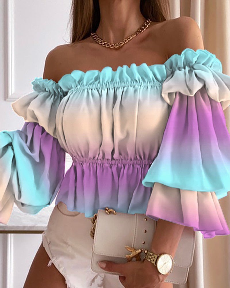 Damer Elegant Off-Shoulder Top med voluminøse rynker og blomsterprint Stilla