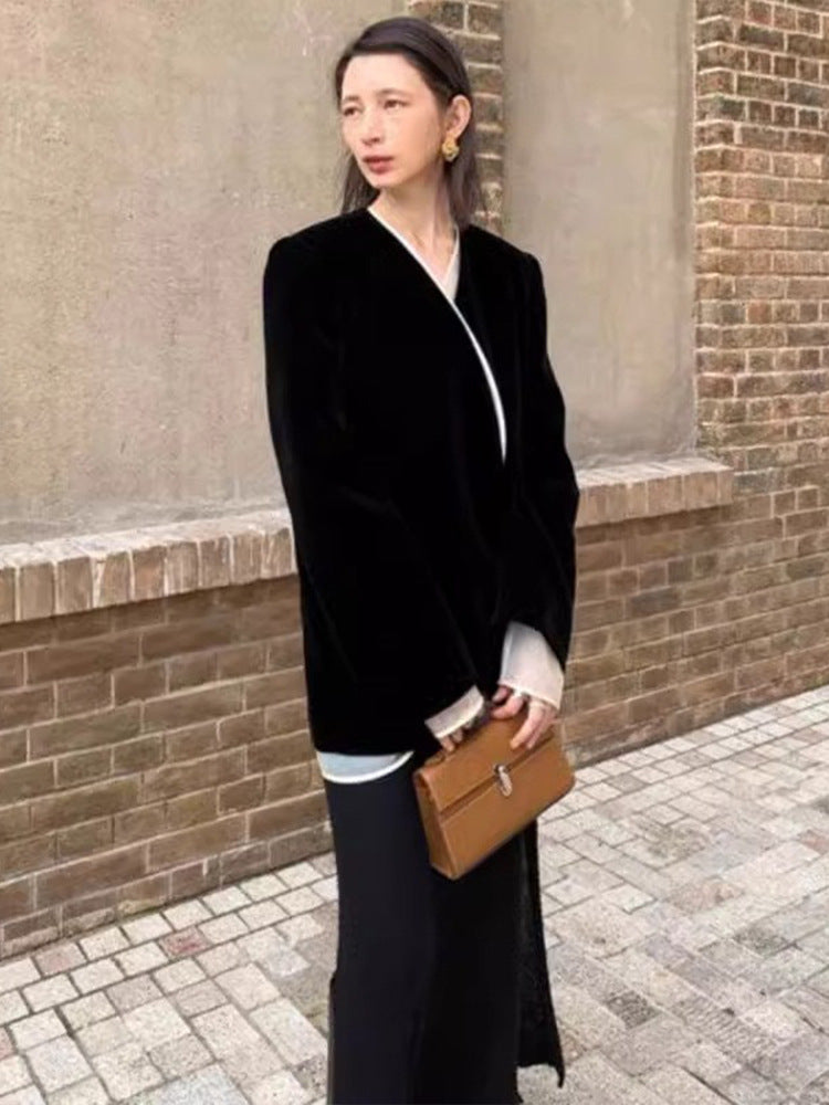 Dame Elegant skåret uldblazer med unikt omslag design Stilla