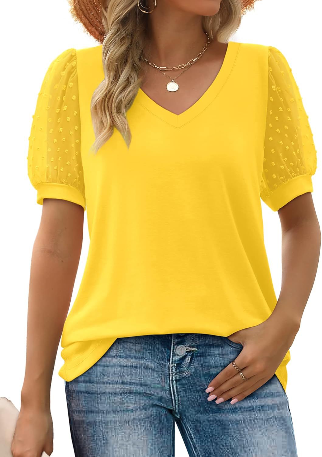 Dame Elegant V-udskæring Top med transparente Puffærmer Stilla