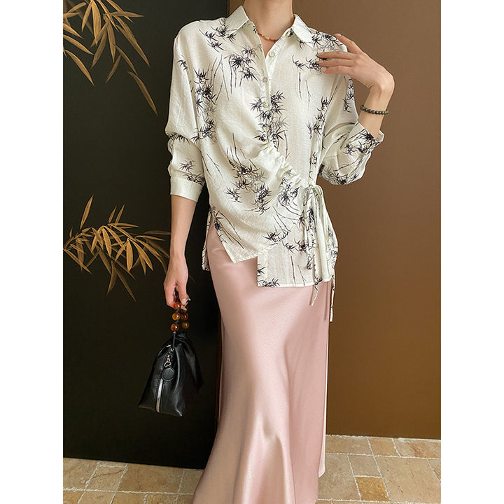 Damer Elegant Bluse Skjorte med Omslag Design og Blomster Mønster Stilla