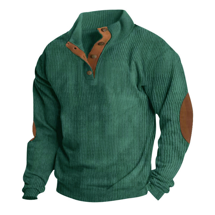 Herre nan grovstrikket sweater med ståkrave, knapliste og kunstlæderalbuepatches Skovae