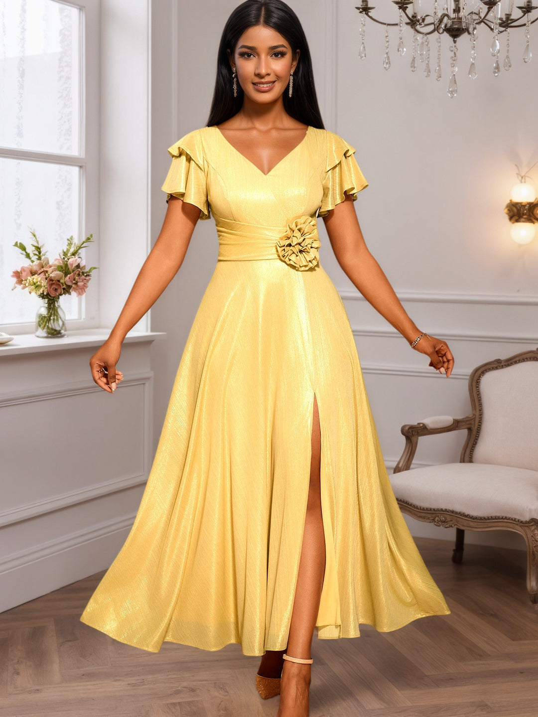 Dame Elegant Maxikjole med overdådig flæse og floral accent Skovae