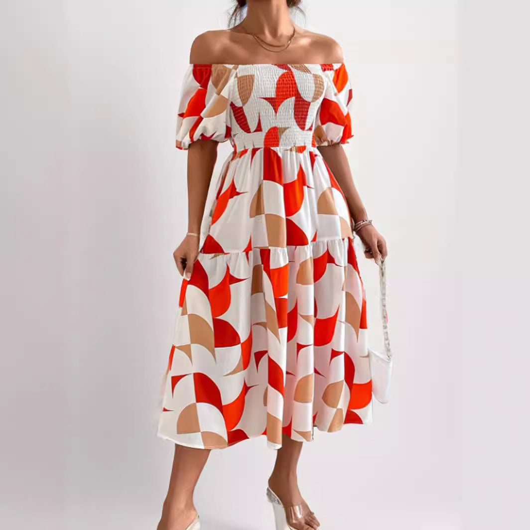 Dame Off-Shoulder Maxikjole med ballonformede ærmer og geometrisk mønster Stilla