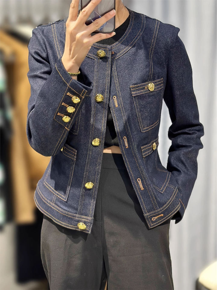 Dame Mode Denim Jakke med Gyldne Knapper Stilla