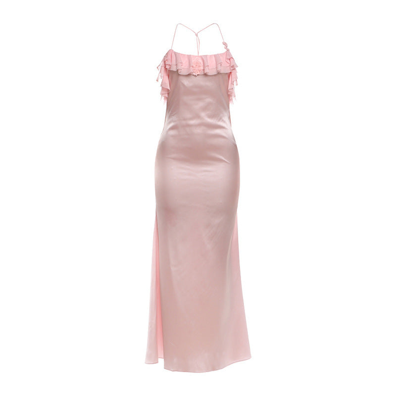 Damen Maxi-Kleid mit eleganten Rüschendetails und tiefem Rückenausschnitt Skovae