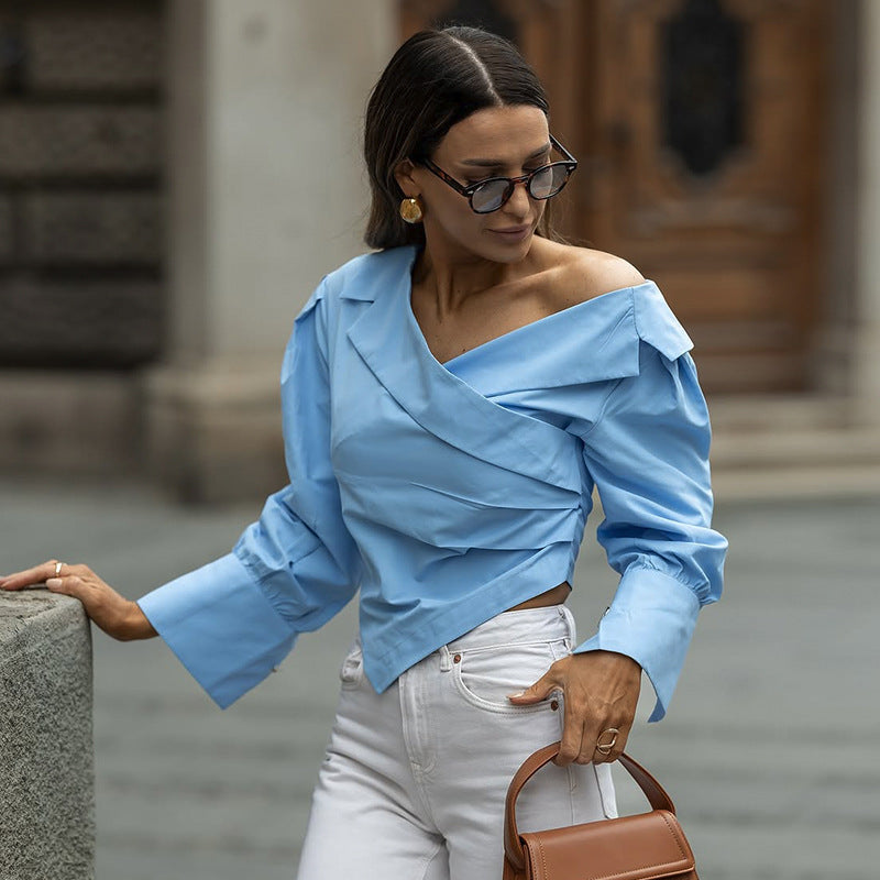 Dame smart asymmetrisk bluse med dekorativt indpakket design og puffærmer Stilla
