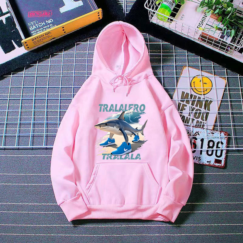 Dame hoodie med sjov hajmotiv og grafiske elementer Skovae