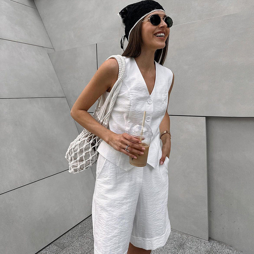 Dame elegant vest med shorts i struktureret stof Stilla