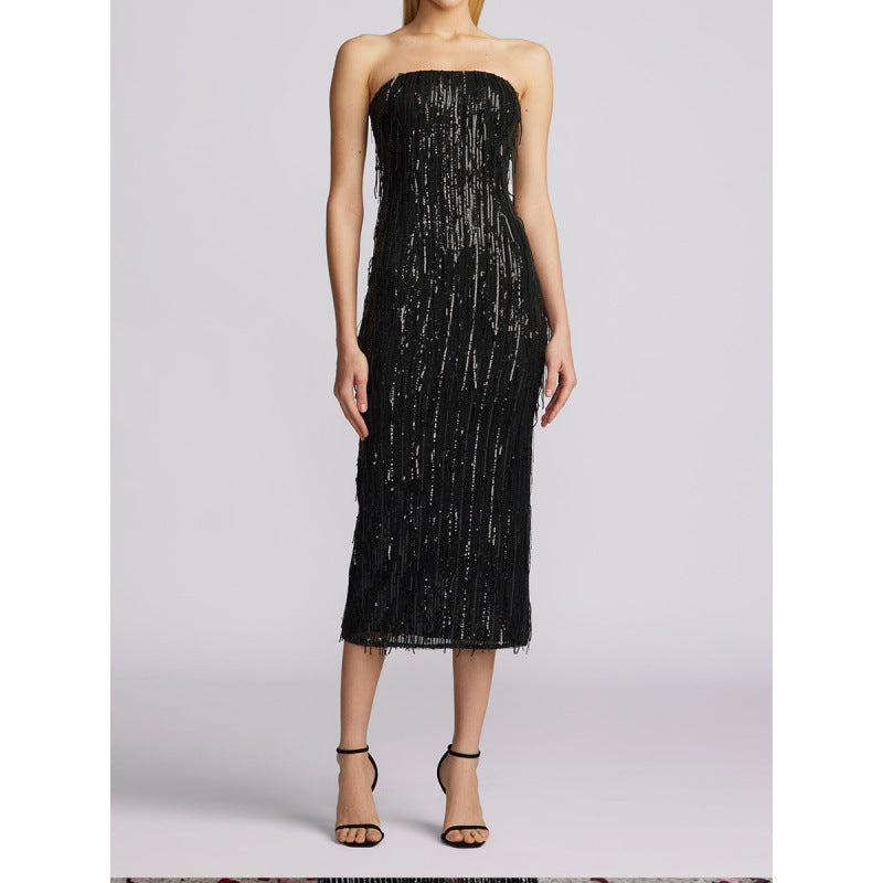 Damen Glamouröses Langarmkleid mit Paillettenverzierung Skovae