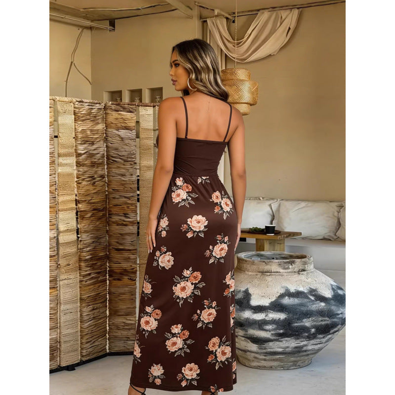 Damen Maxi-Kleid mit modischem Blumenmuster und schmalen Spaghettiträgern Skovae