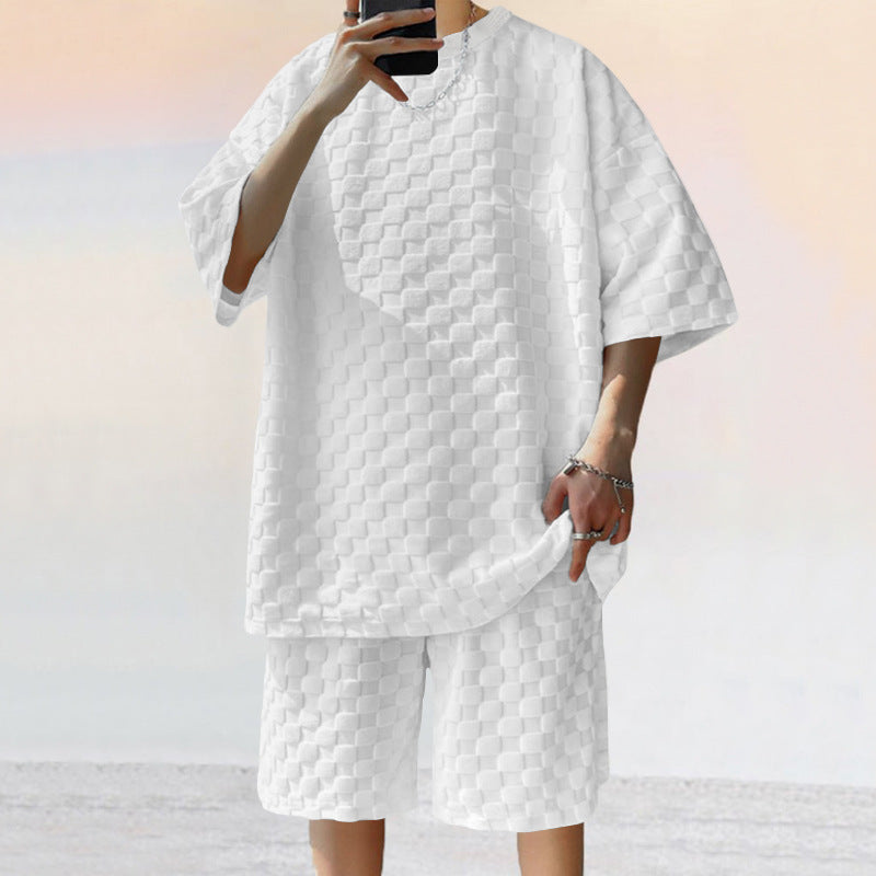 Unisex nan overdimensioneret fritids-sæt i struktureret vaffelkvalitet med rund halsudskæring og løs pasform Bermuda shorts Skovae
