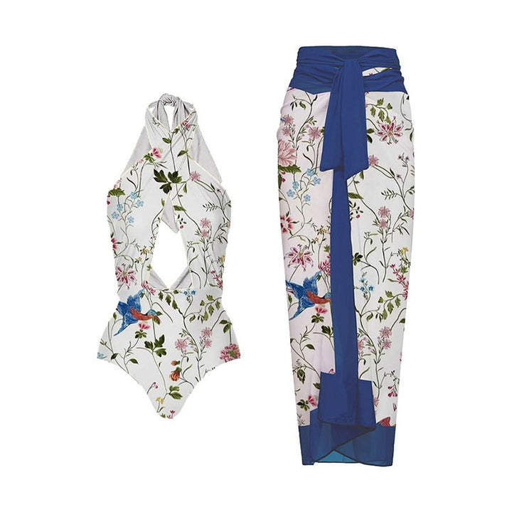 Dame badedragt-sæt med blomsteret omslagsskørt og raffineret top Stilla