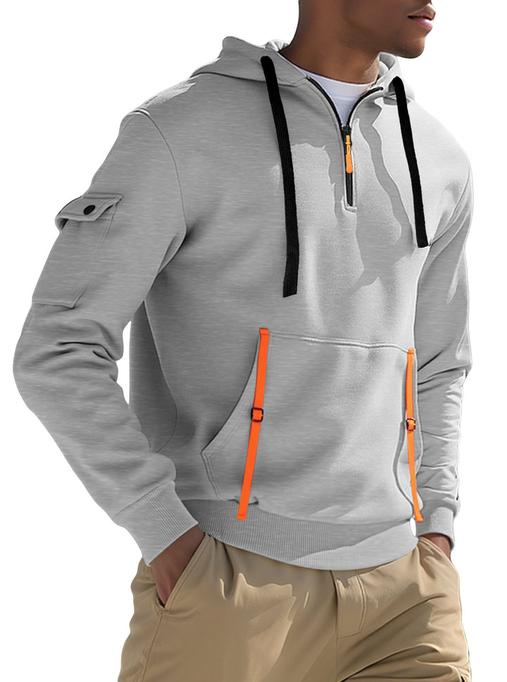 Herrer nan urbaner Tech-hoodie halvziptrøje med utility-ærmelomme, kængurulomme og justerbare lynlås-bånd Skovae