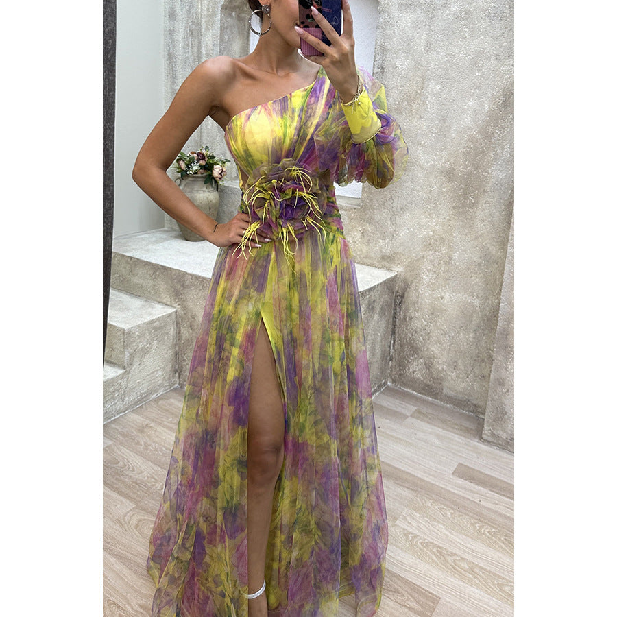 Dame Elegant One-Shoulder Maxikjole med floral chiffon og høj slidse Stiila