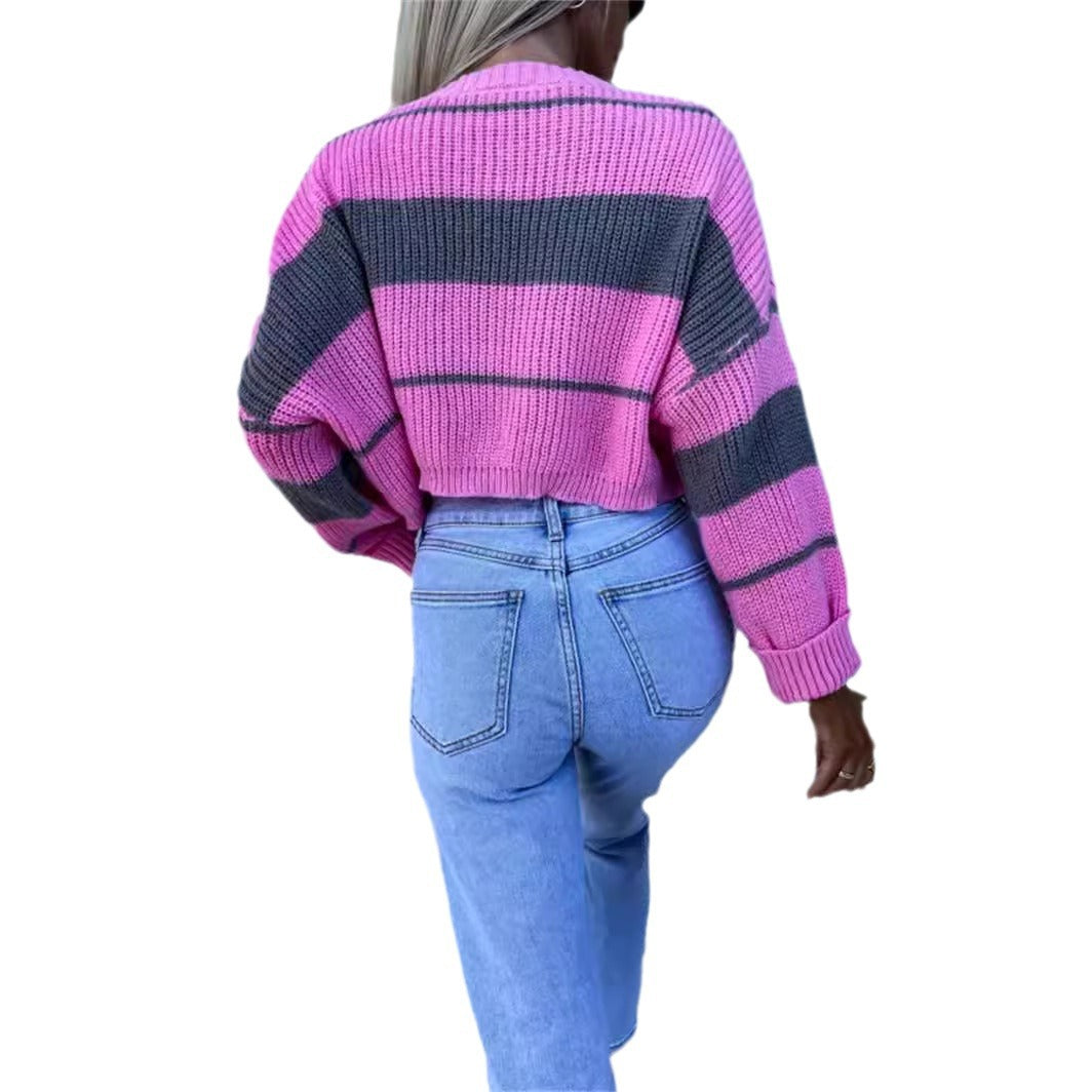 Dame cropped striktrøje med fashionable striber Stilla