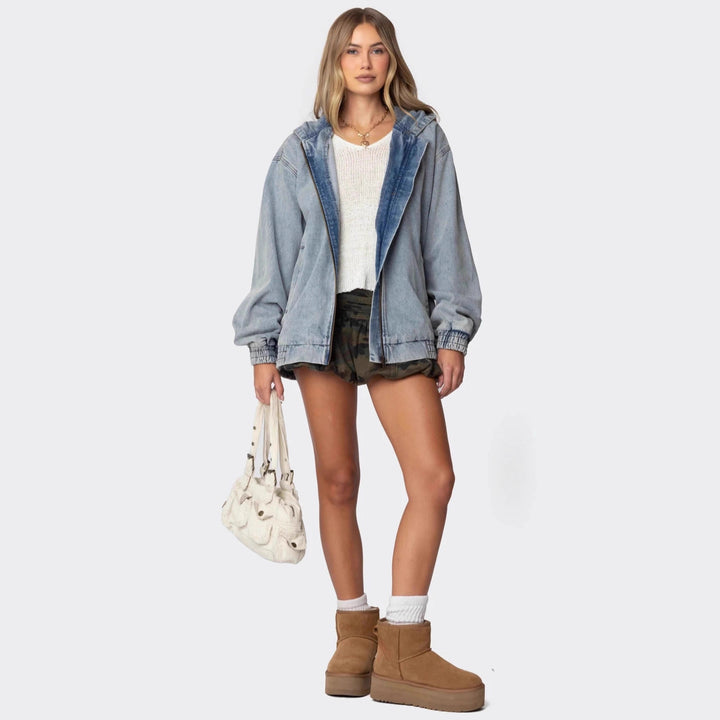 Dame Oversized Denimjakke med hætte og elastiske manchetter Skovae