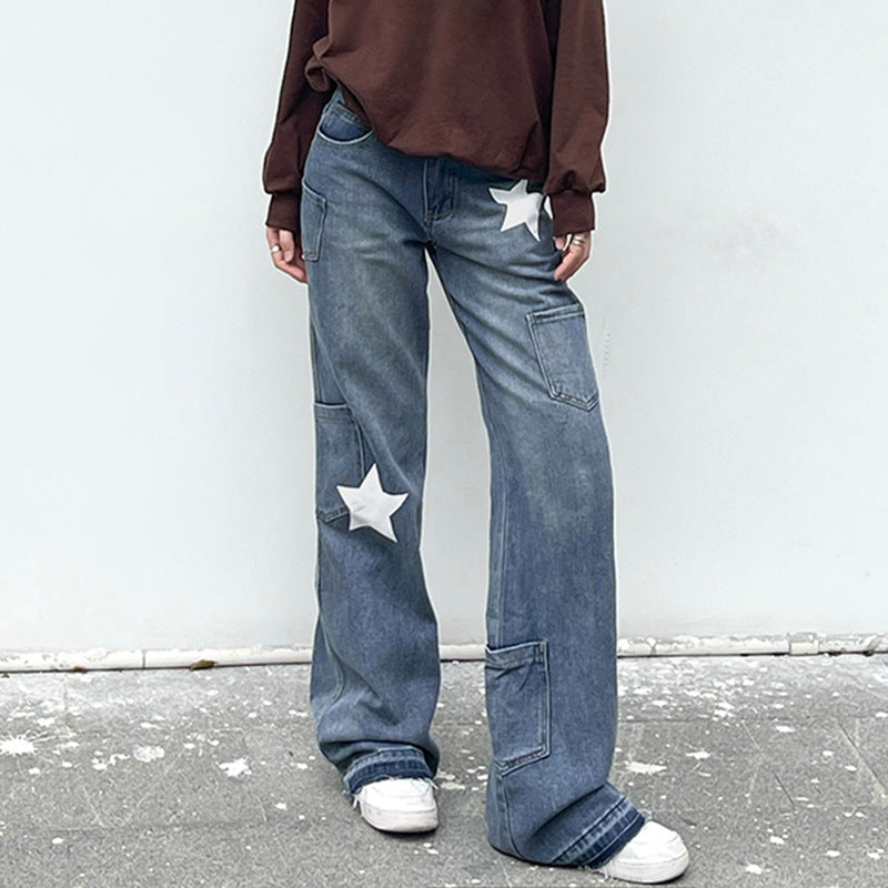 Dame Wide-Leg Jeans med fashionable stjernedekorationer Stilla
