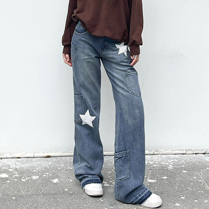 Dame Wide-Leg Jeans med fashionable stjernedekorationer Stilla