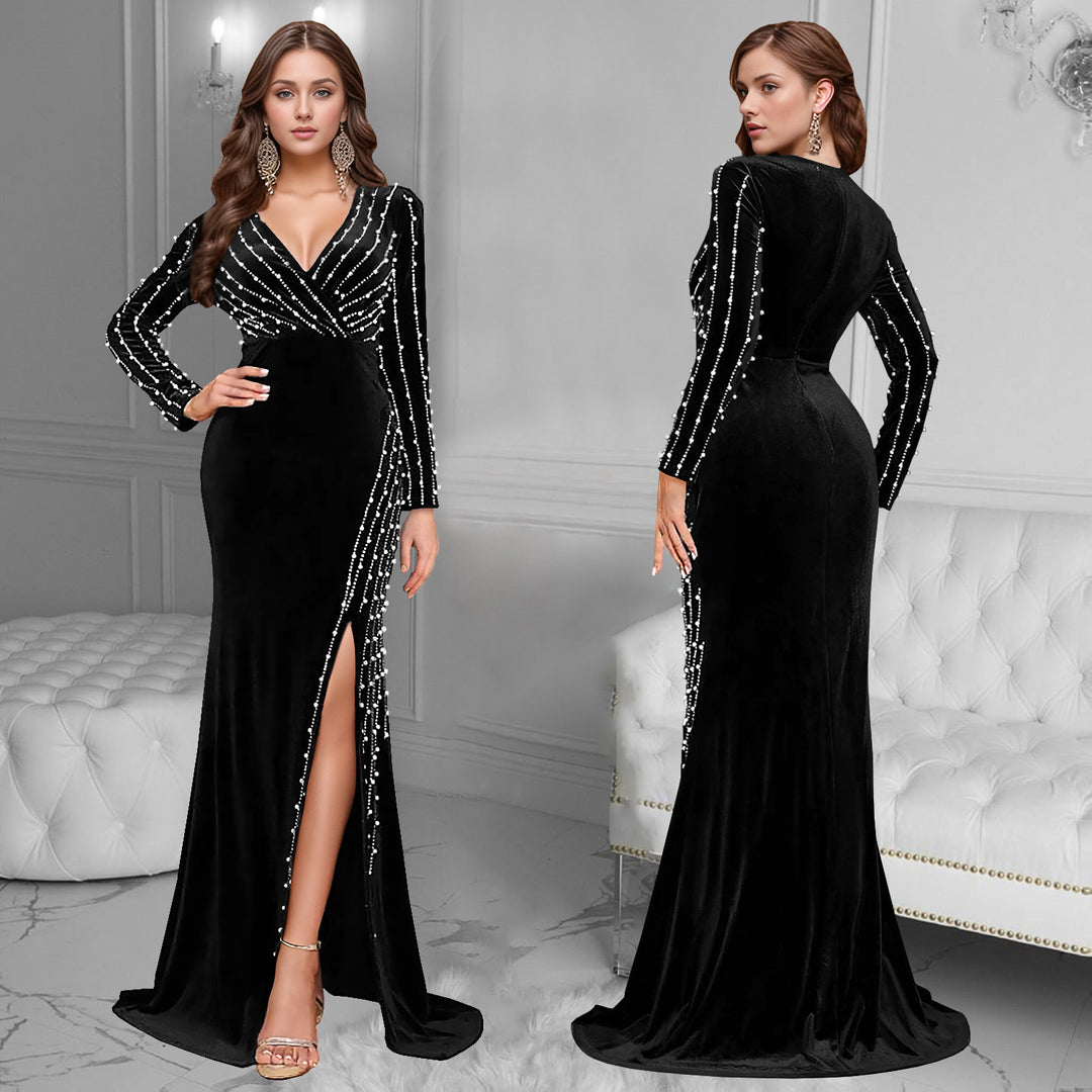 Dame Elegant aftenkjole med dyb V-hals, lange ærmer og luksuriøse rhinestones Stilla