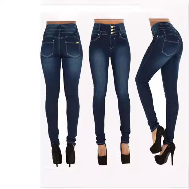 Dame højtaljede skinny jeans med dekorative knapper og samtidig figursiddende design Stilla