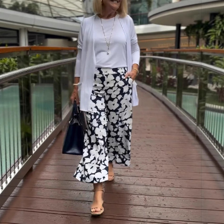 Dame bred culotte-bukser med blomsterprint og elastisk talje Stilla
