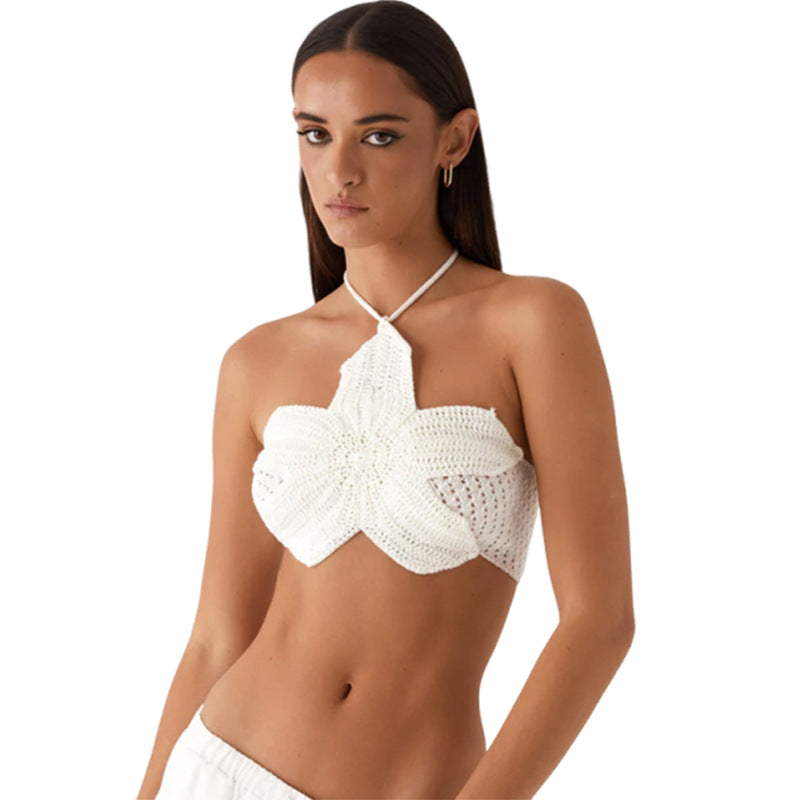 Dame Crop Top med blomsterhæklede mønster Skovae