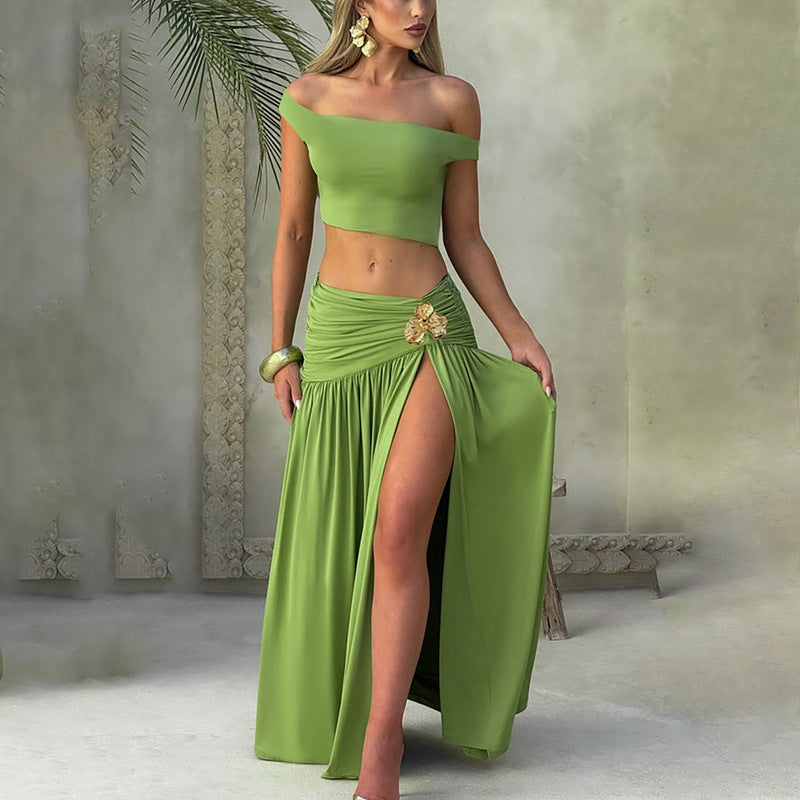 Dame Elegant Off-Shoulder Maxikjole med sidelæg og raffineret bånd Skovae