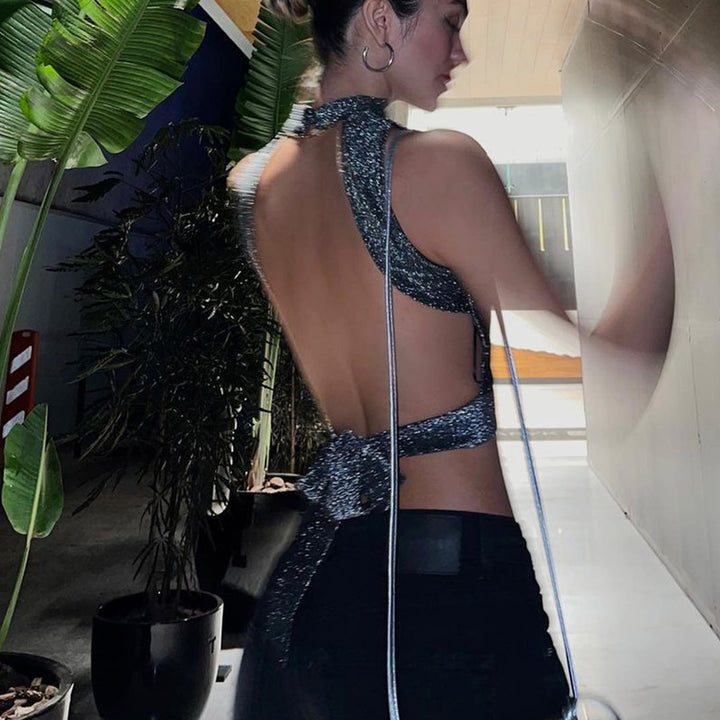 Dame Glitter Crop-Top med bindbart bund og høj krave Stilla