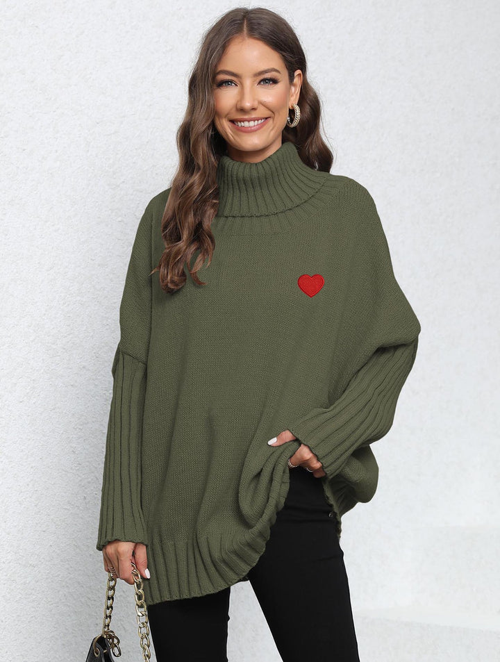 Dame Oversized Turtleneck Sweater med hjerteformet applikation og strikket mønster Stilla
