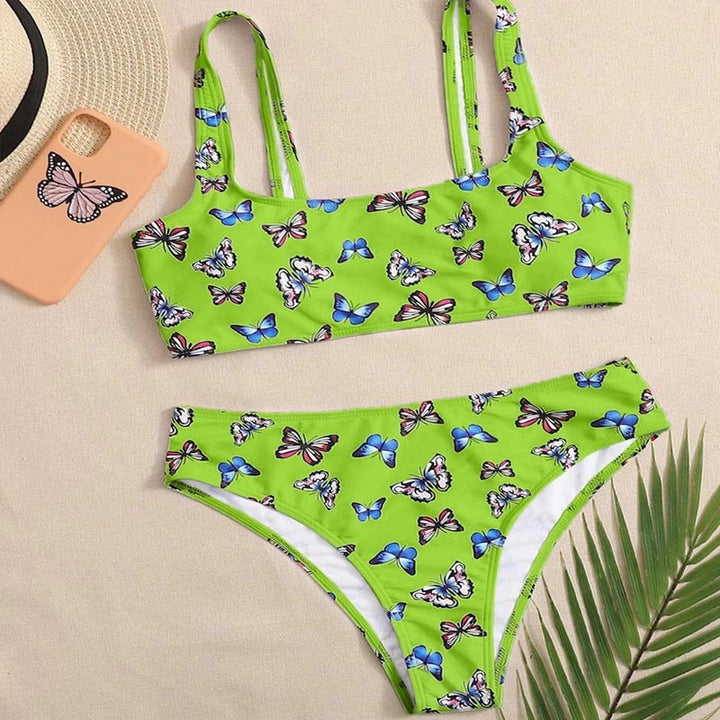 Dame Crop-Bikini-sæt med farverig sommerfugleprint Skovae
