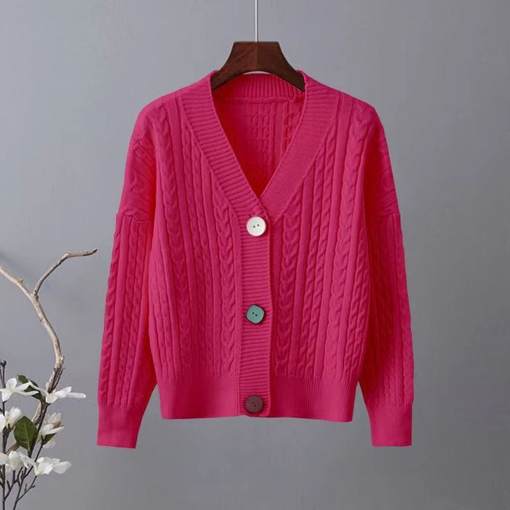 Kvinders chunky strik cardigan med V-hals og dekorative knapper Stilla
