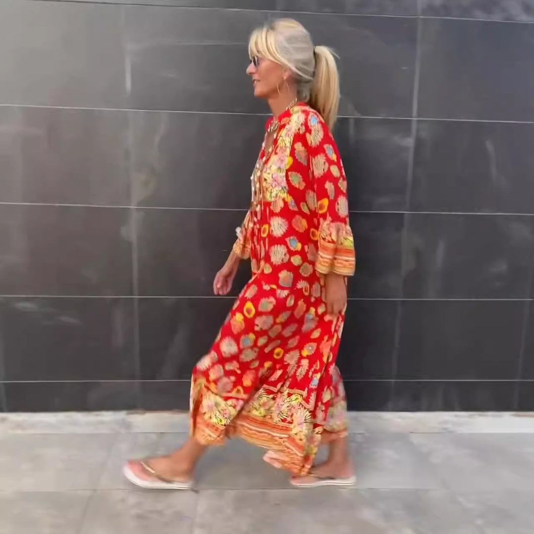 Dame nan luftig kaftan-midikjole med folkloreinspireret båndtryk, V-udskæring, kvastbånd og flæseklokkeærmer Skovae