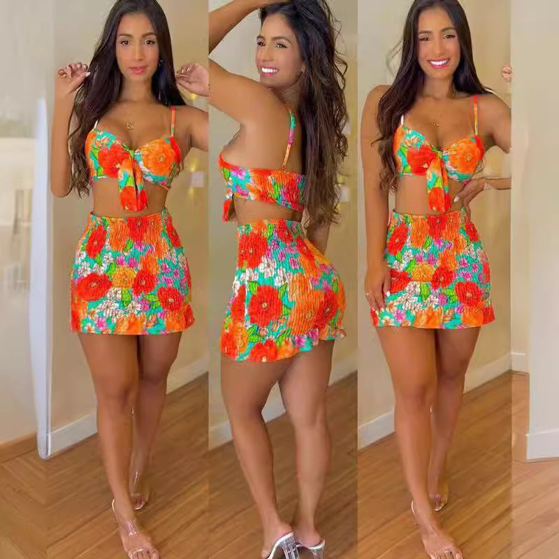 Damer Blomsterprint Crop-Top og Mini Skirt Sæt Stilla