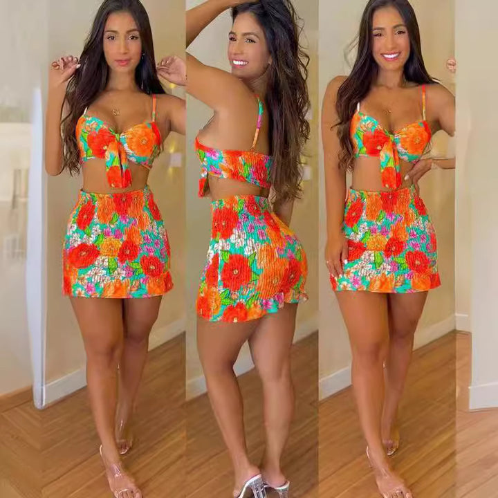 Damer Blomsterprint Crop-Top og Mini Skirt Sæt Stilla