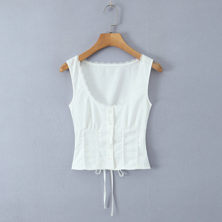 Dame Crop-Top med både raffineret knapdesign og sarte spidsdetaljer Stilla