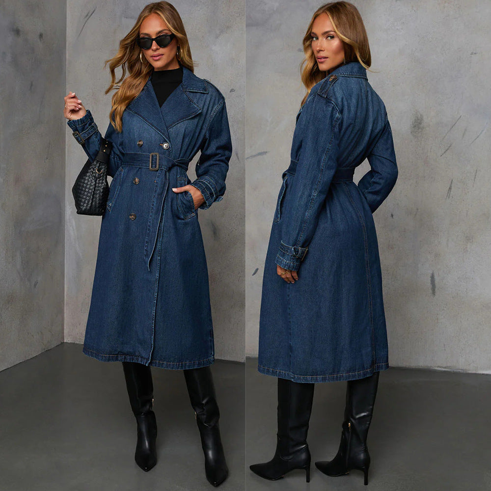 Dame Denim Trenchcoat med bælte og praktiske lommer Stilla