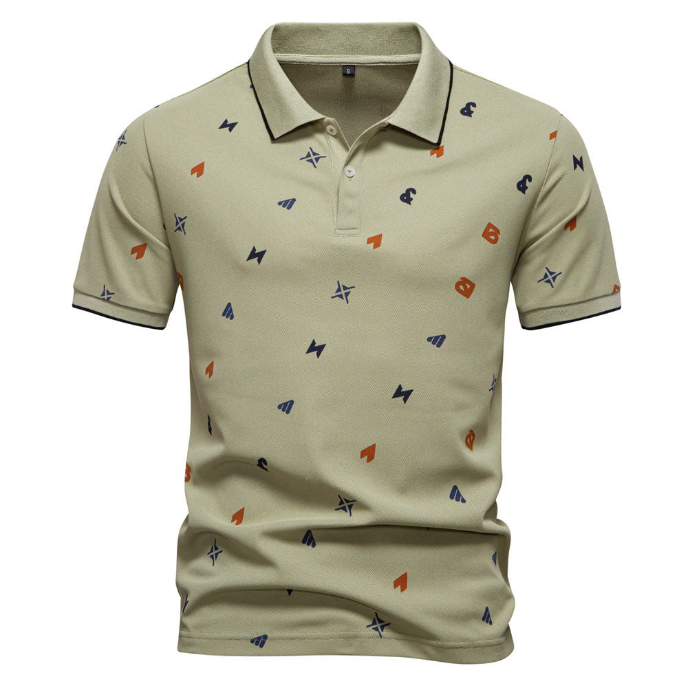 Herrer nan legeres kortærmet Piqué-polo med geometrisk all-over-print, kent-krave og kontrastbesætning Skovae