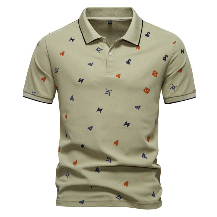 Herrer nan legeres kortærmet Piqué-polo med geometrisk all-over-print, kent-krave og kontrastbesætning Skovae
