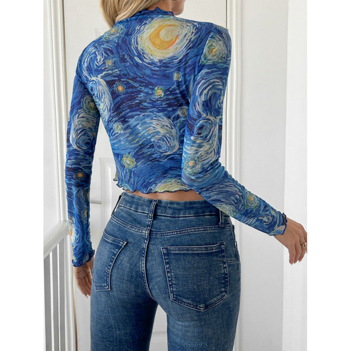 Dame Langærmet T-Shirt med kunstnerisk tryk og smagfuld bølgekant Skovae