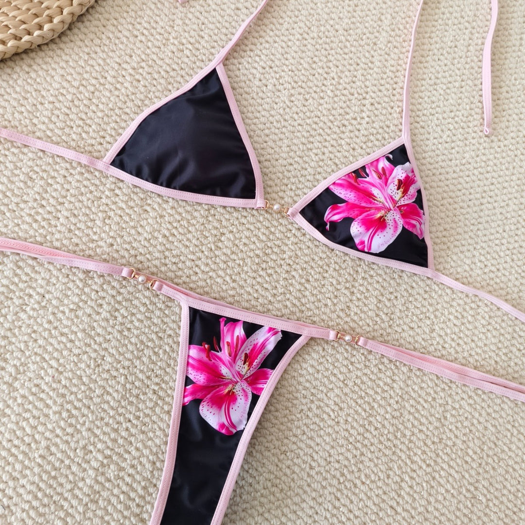 Dame triangel-bikini med blomsteraccent og justerbare bånd Skovae