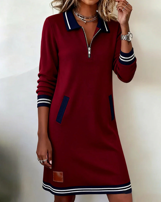 Damer nan sporty-elegante Sweatkjole med polokrave halvlang lynlås elastiske kontrastmanchetter og skrålommer Skovae