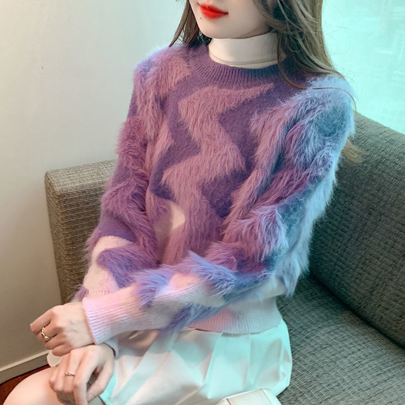 Kvinders fluffy sweater med geometrisk mønster og løst fit Stilla