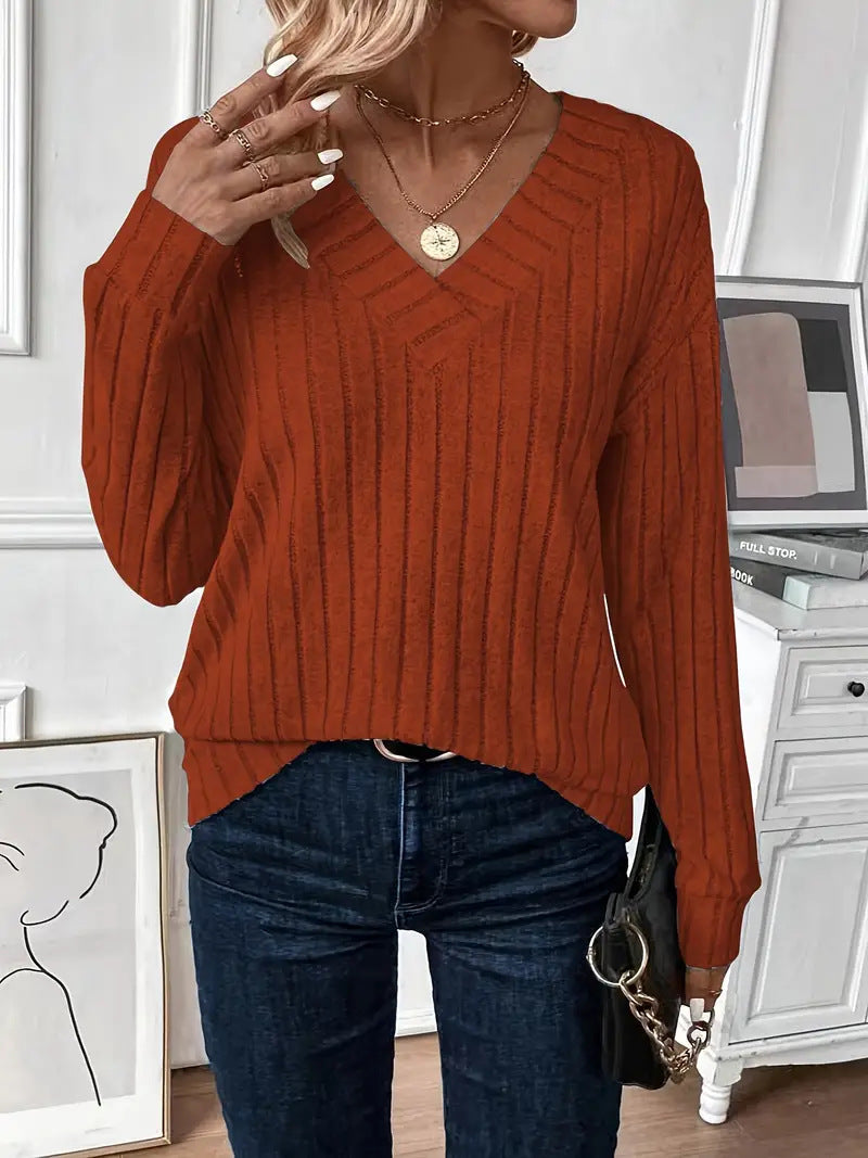 Dame Elegant V-hals top med struktureret ribdesign Stilla